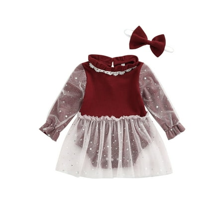 

Binpure Baby Jumpsuit Hairband Long Flared Sleeve Mesh Sequins Knitted Romper