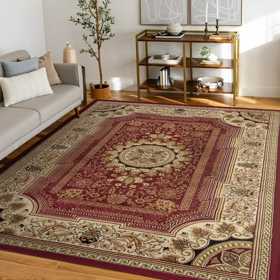 Sensation Traditional 5' x 7' Red and Beige Polypropylene Indoor Area Rug