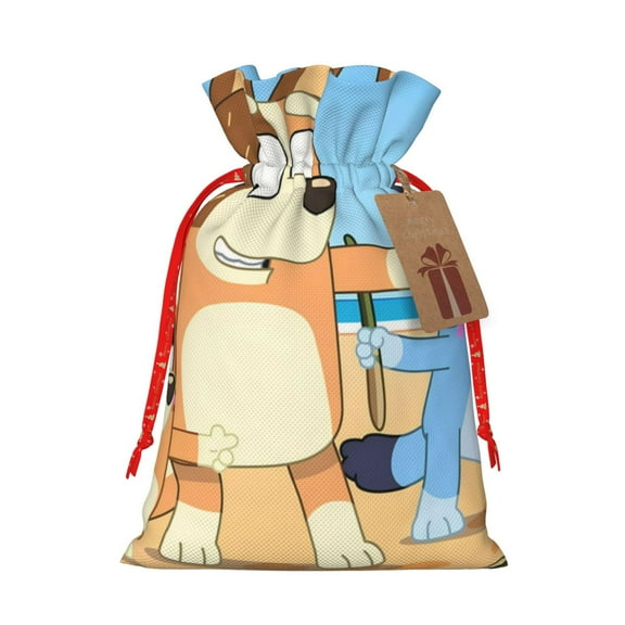 Masiiu Bluey Print Christmas Gift Bag, Burlap Drawstring Pouch with Kraft Paper Card for Holiday, Party, and Birthday Wrapping-Small