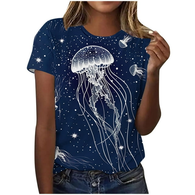 Tops de Ajuste Suelto para las Mujeres Sudadera Casual Impresa Manga Corta Cuello Redondo Superior, Poliéster