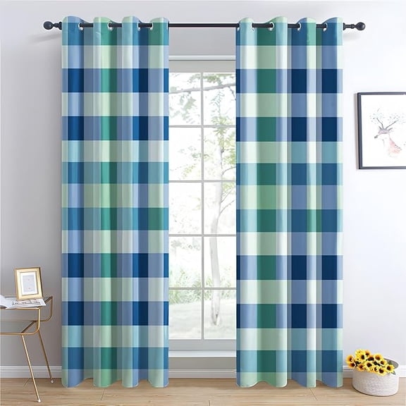 Blue Green Plaid Curtains for Bedroom Living Room, Modern Checkered Blackout Curtains, Patterned Window Treatments, Grommet Drapes, Home Decor 42"W x 84"L (Pack of 2)