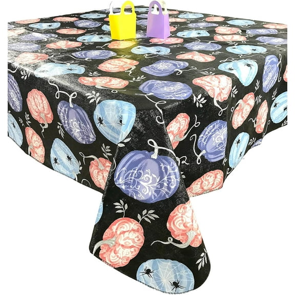 Serafina Home Halloween Flannel Backed Vinyl Tablecloth: Fun and Magical Spellbinding Pumpkins on a Black Background (Spellbound Pumpkins) 52" x 70"