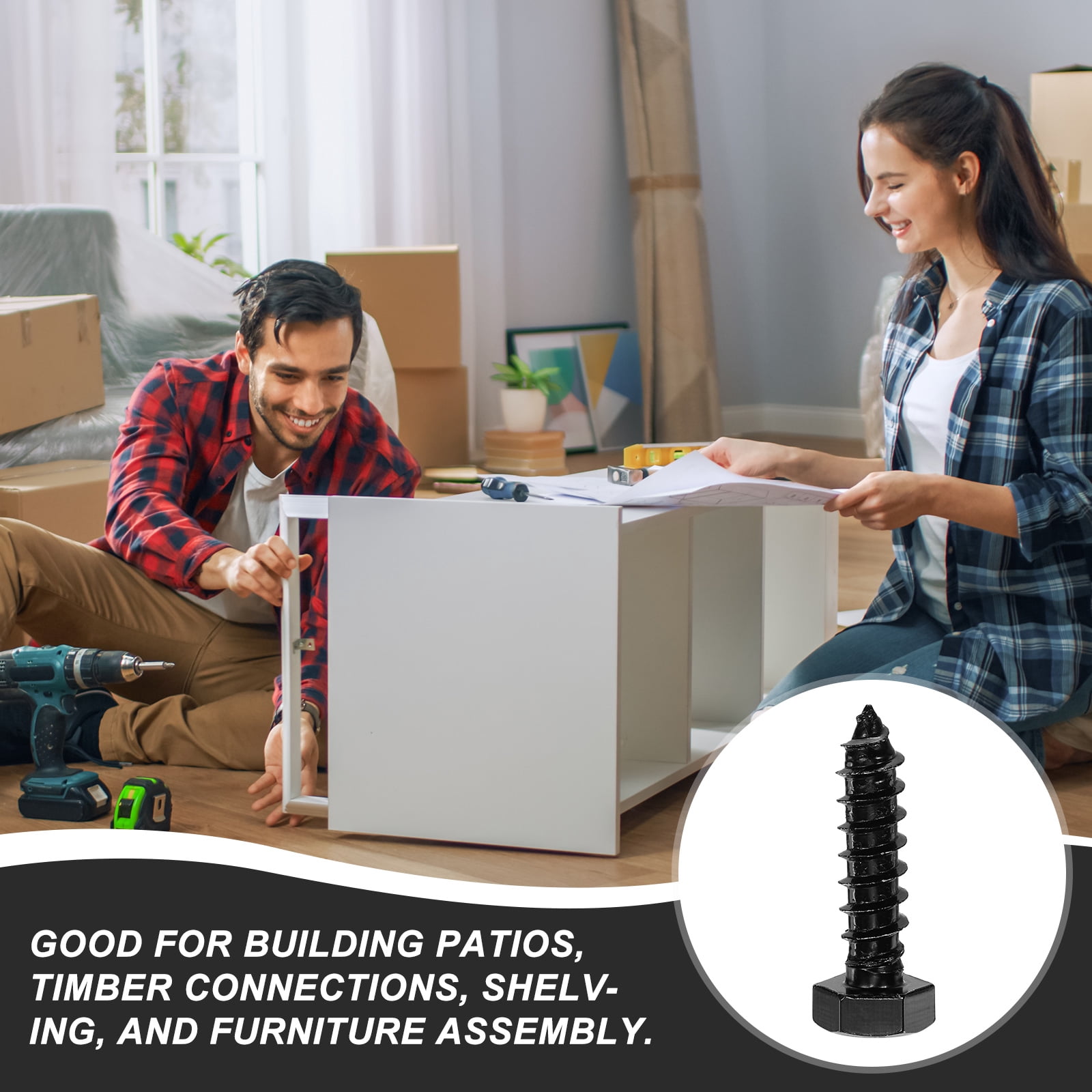 3/8" x 1-1/2" Hex Head Lag Screws Bolts, 20 Pack 304 Stainless Steel Hexagon Head Lag Bolt Wood Screws, Full Thread, Black Zinc Plating