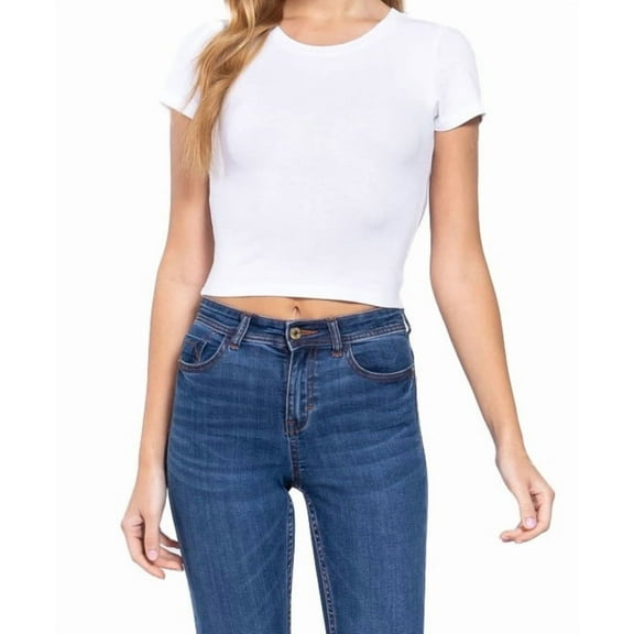 Simply Fashion Women’s Short Sleeve Crew Neck Cotton Spandex Crop Top,White,Small