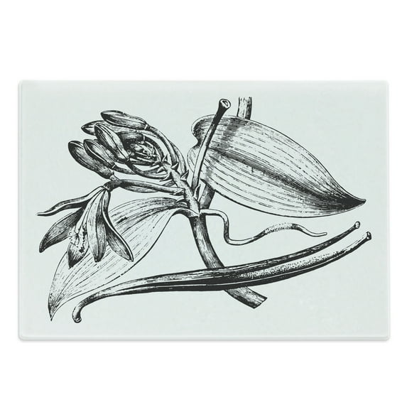 Vanilla Cutting Board, Vintage Engraved Style Drawing of Aromatic Flower Botany Illustration, Decorative Tempered Glass Cutting and Serving Board, in 3 Sizes, by Ambesonne
