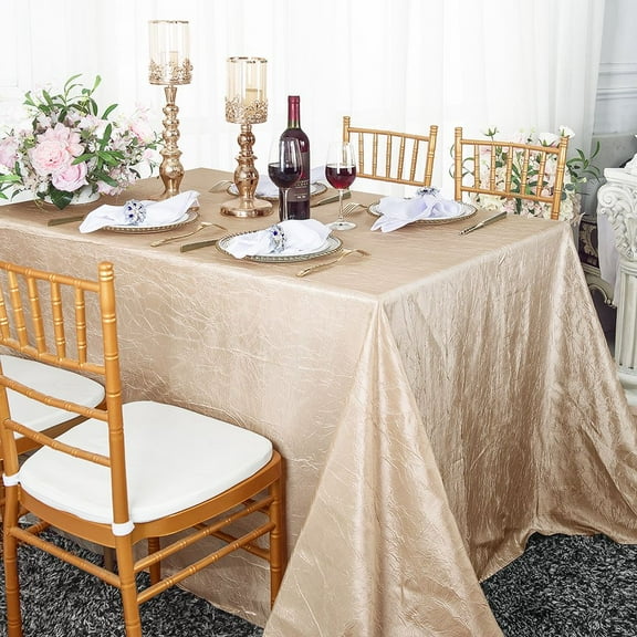 Wedding Linens Inc. 90"x132" Rectangular Seamless Crushed Crinkle Taffeta Tablecloth - Champagne