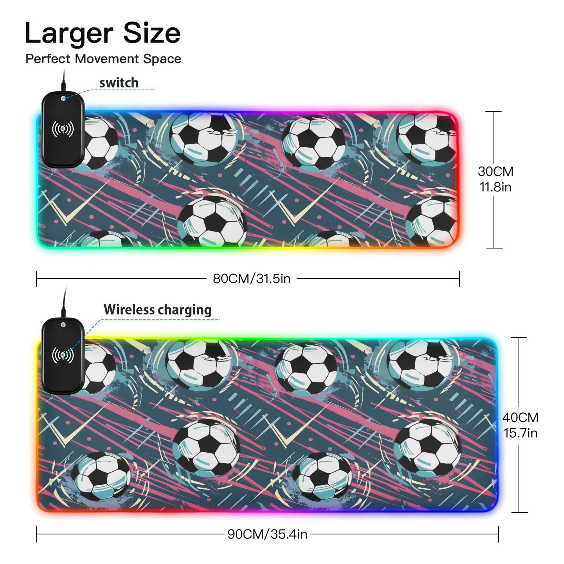 Wireless Charging Mouse Pad Large RGB Gaming Desk Mat 13 Light Modes Mousepad 31.5x11.8 Soccer Balls