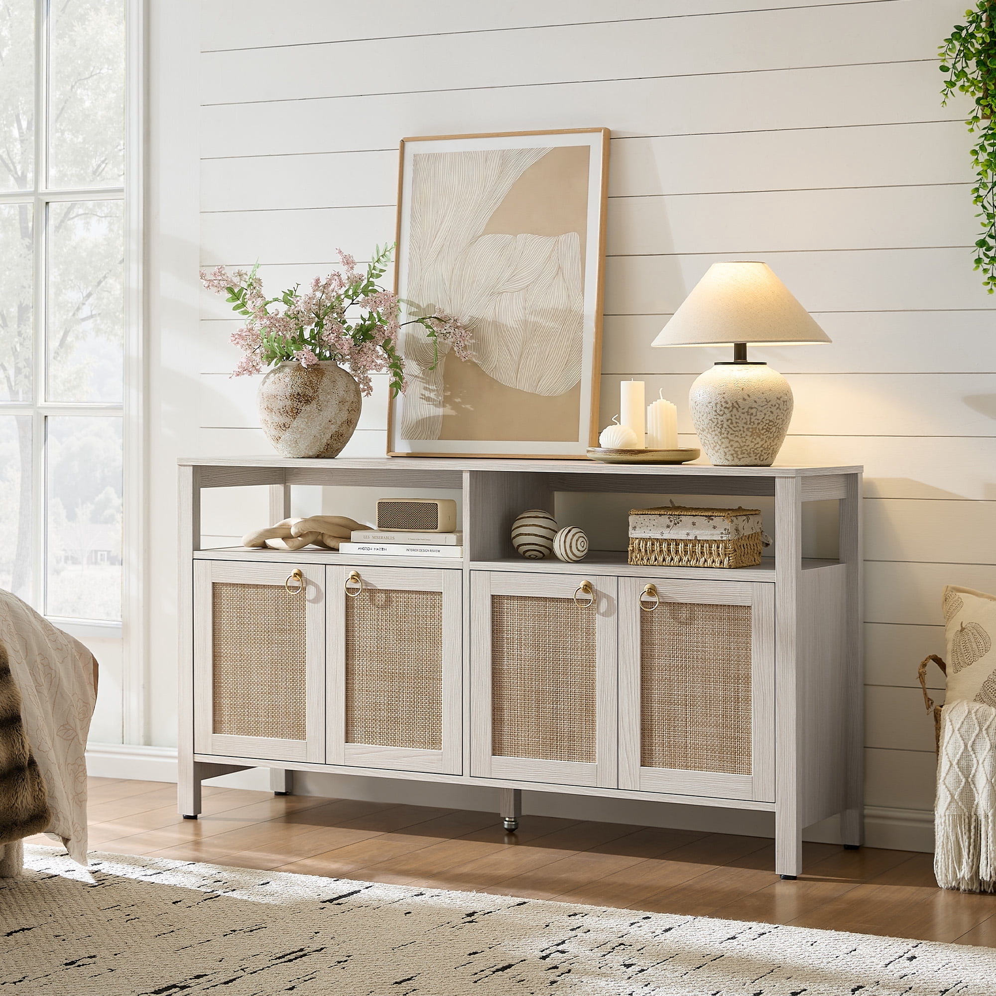SICOTAS Boho TV Stand for TVs up to 65", Rattan 29.5" Tall Entertainment Center with Storage Cabinets & Adjustable Shelves , TV Console Table for Living Room, White Oak