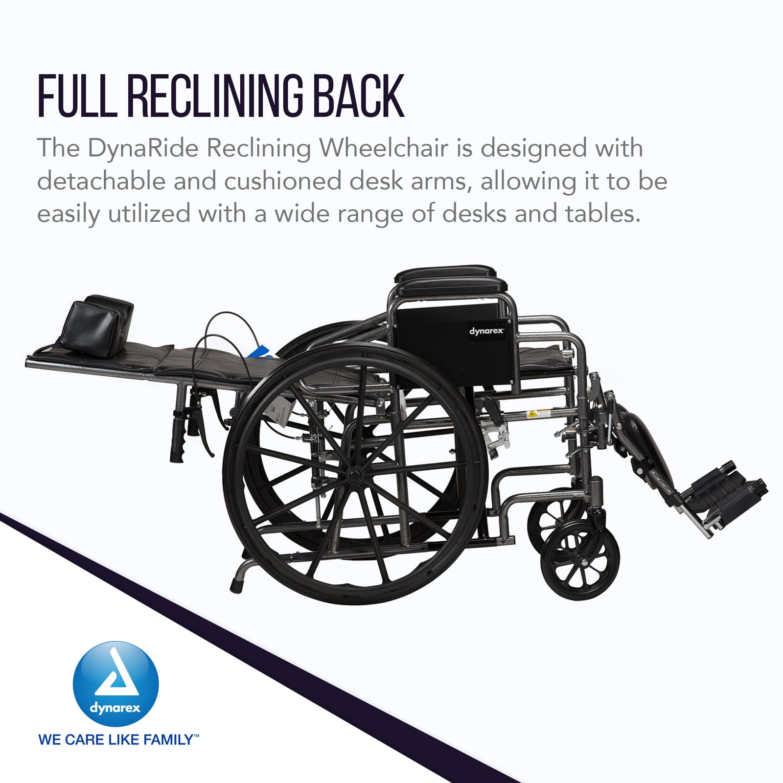 Dynarex DynaRide Reclining Wheelchair - Detachable Desk Arms & Elevating Leg Rests, Weight Capacity 350 lbs., 22" x 18" Seat, Silver Vein Frame - 1 Wheelchair