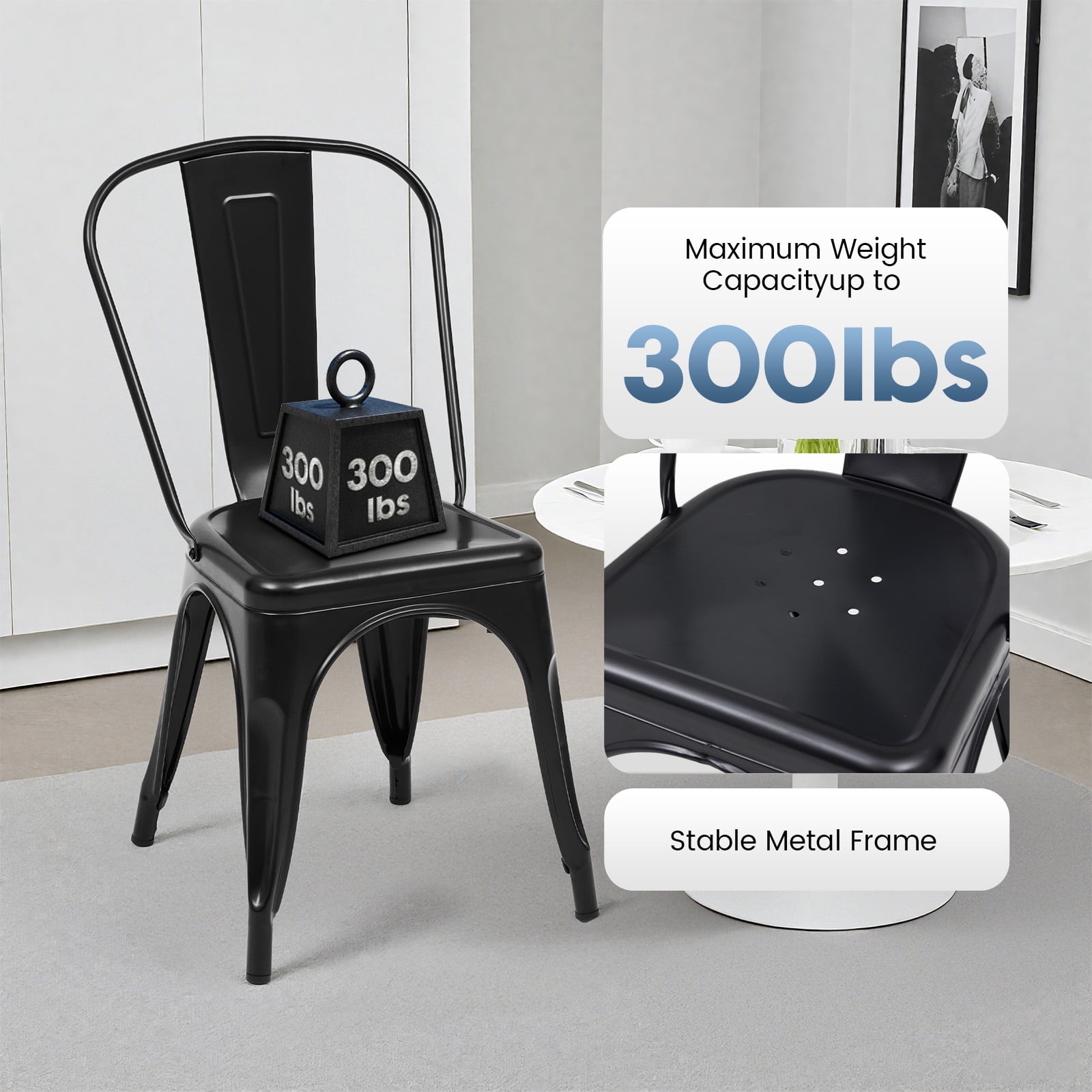 edx Metal Dining Chairs Set of 4, 18" Stackable Indoor Industrial Vintage Chairs, Black