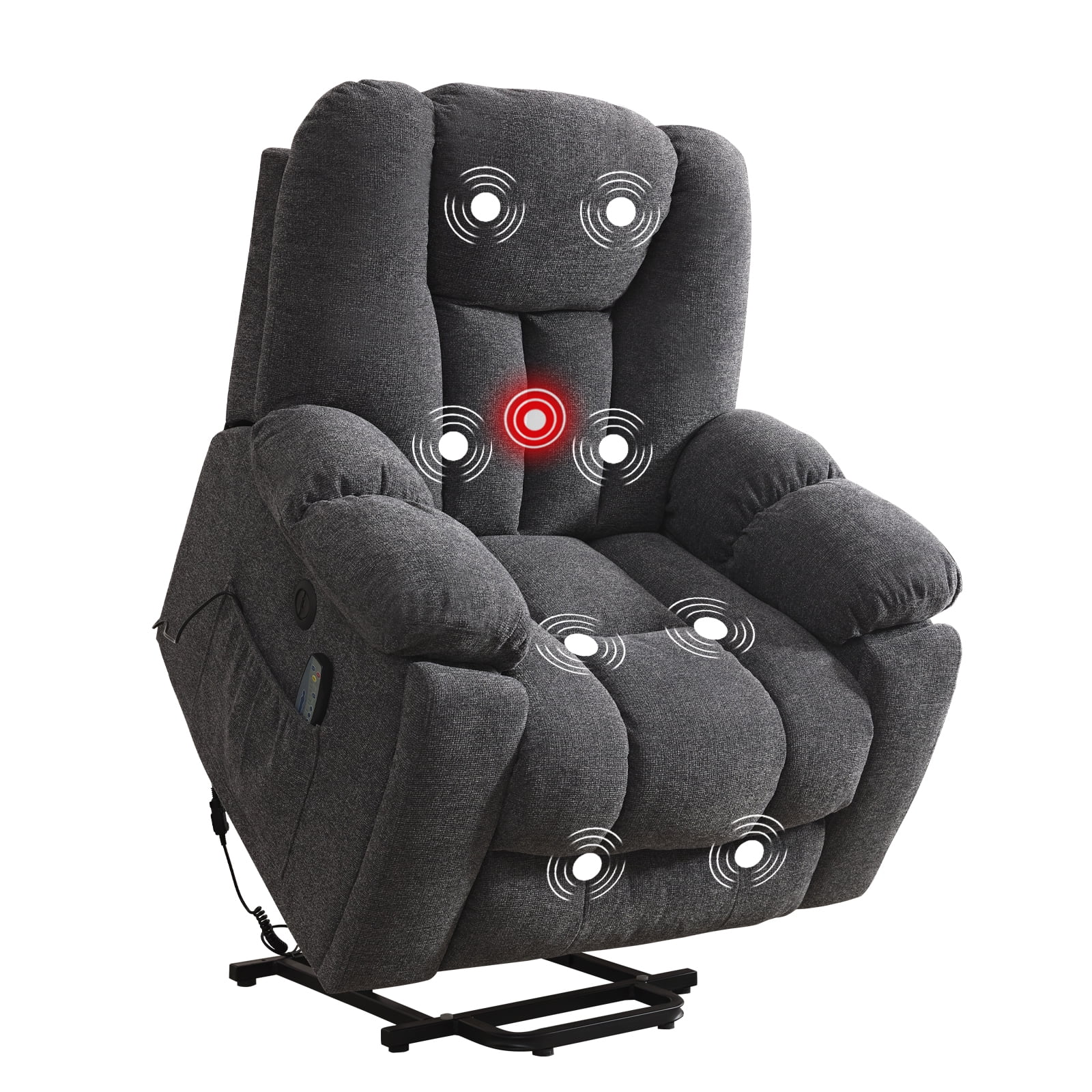 Ebello Large Power Lift Recliner Chair with Heat Massage, USB Ports - Ergonomic Recliner Chair for Elderly, Dark Gray