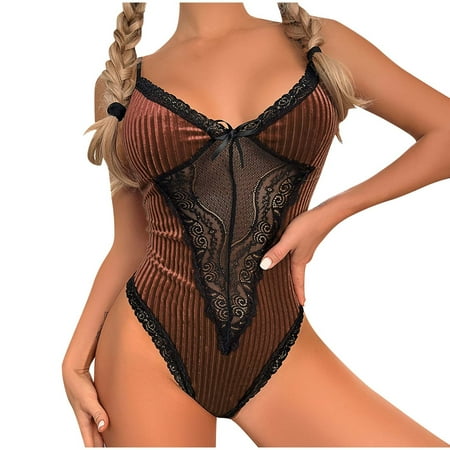 Women One Piece Lingerie Patchwork Embroidery Bodysuit Velvet Lace Leotard Deep V Neck Backless See Through Tight Body Suit Erotic Sling Shapewear