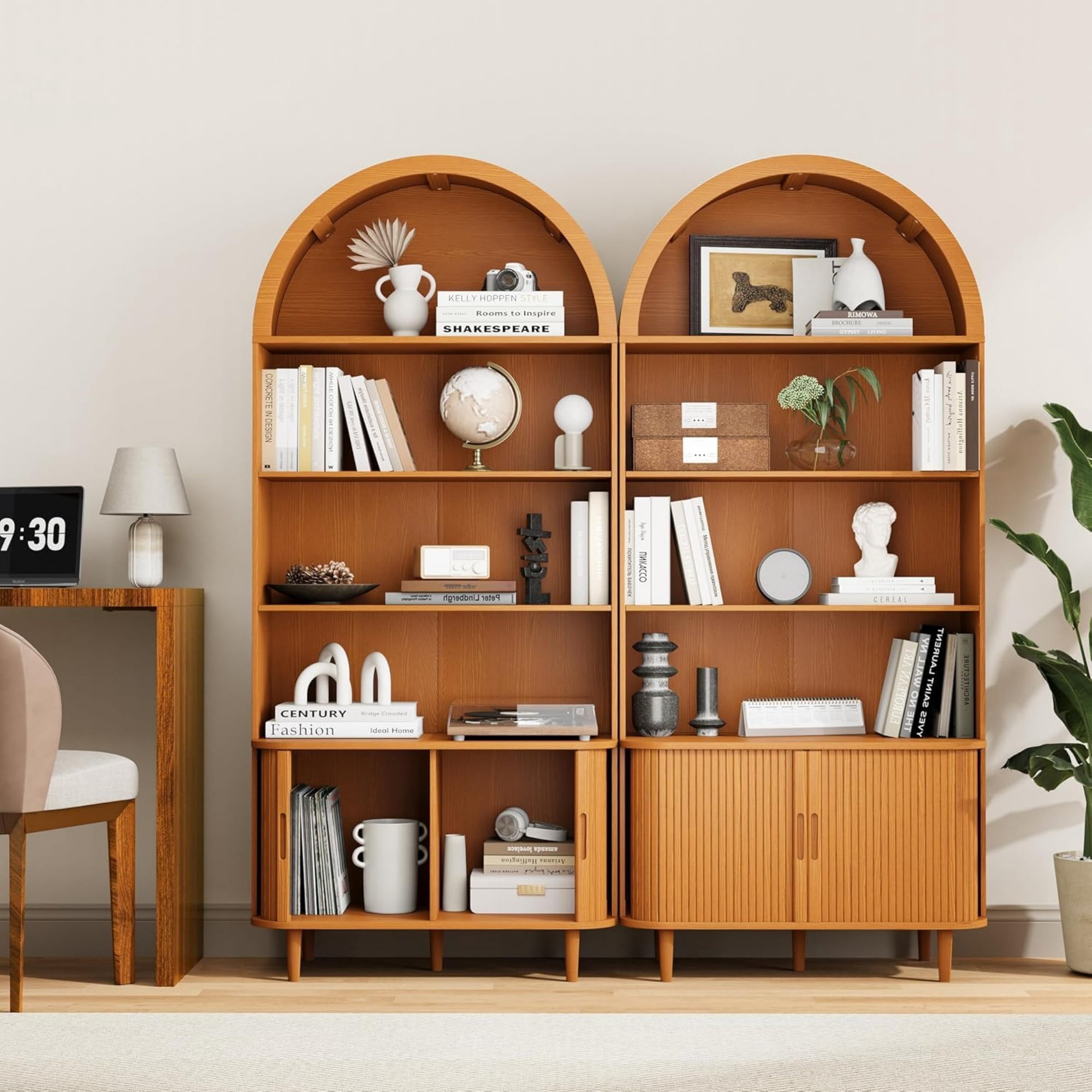 71" Tall Arched Bookshelf, 5 Tier Modern Farmhouse Bookcase with Sliding Doors & Adjustable Shelves, Wood Display Cabinet, Yellow