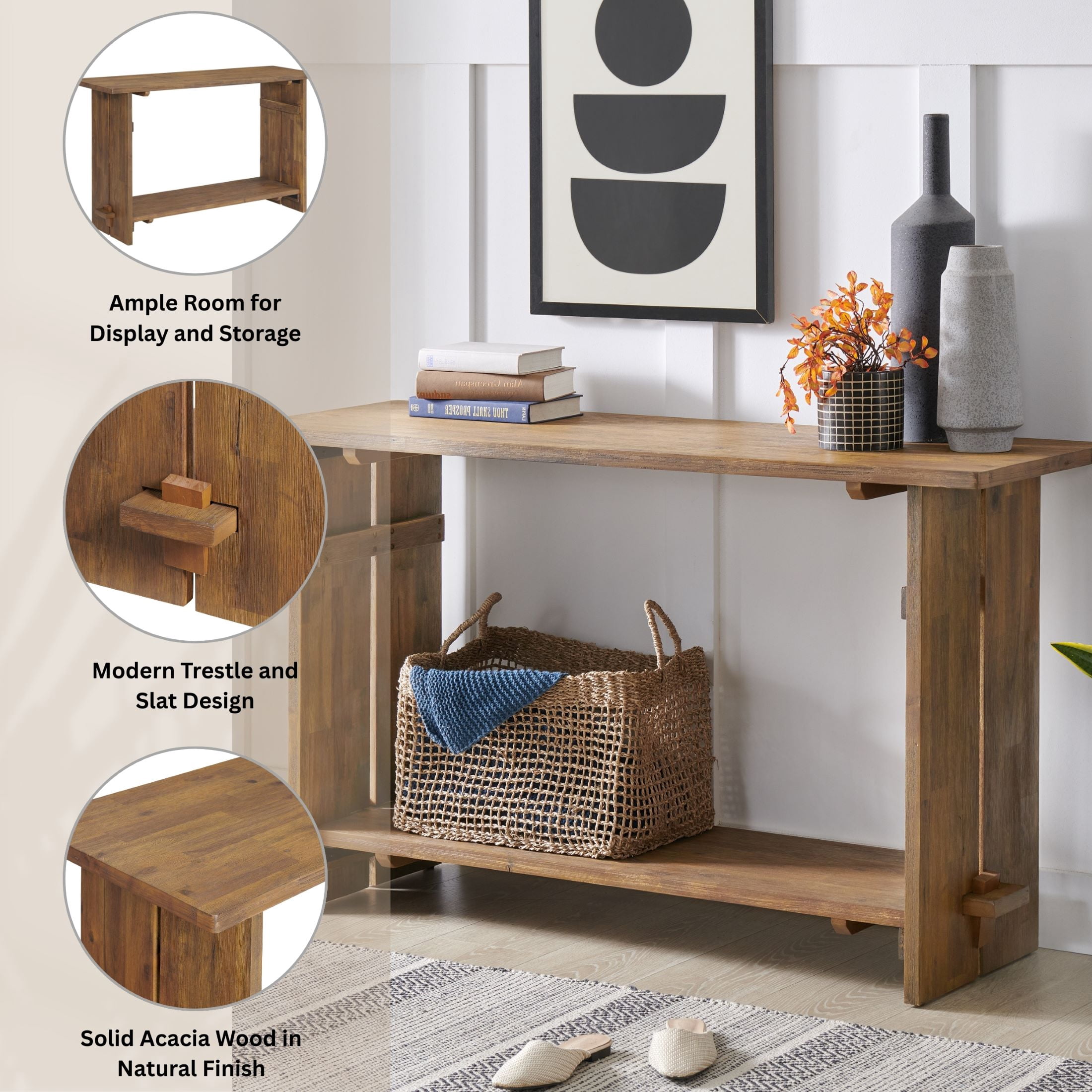 Alaterre Furniture Bethel Acacia Wood Console Table, 52 in. W Entryway Table with Dual Shelf Storage, Rustic Natural Aged Brown