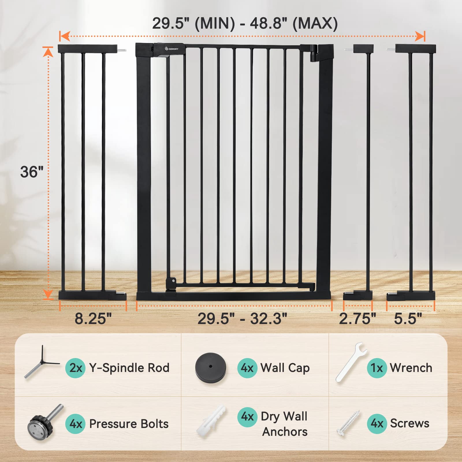 COMOMY 36" Extra Tall Baby Gate for Stairs Doorways, Fits Openings 29.5" to 48.8" Wide, Auto Close Extra Wide Dog Gate for House, Pressure Mounted Easy Walk Through Pet Gate with Door,
