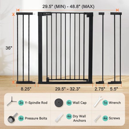 COMOMY 36 Extra Tall Baby Gate for Stairs Doorways, Fits Openings 29.5 to 48.8 Wide, Auto Close Extra Wide Dog Gate for House, Pressure Mounted Easy Walk Through Pet Gate with Door,