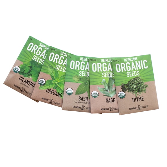 Organic Italian Herb Garden Seed Collection - 5 Non-GMO, Organic Seed Packets - Oregano, Thyme, Basil, Sage, Cilantro - Kitchen Culinary Herb Gardening Seeds