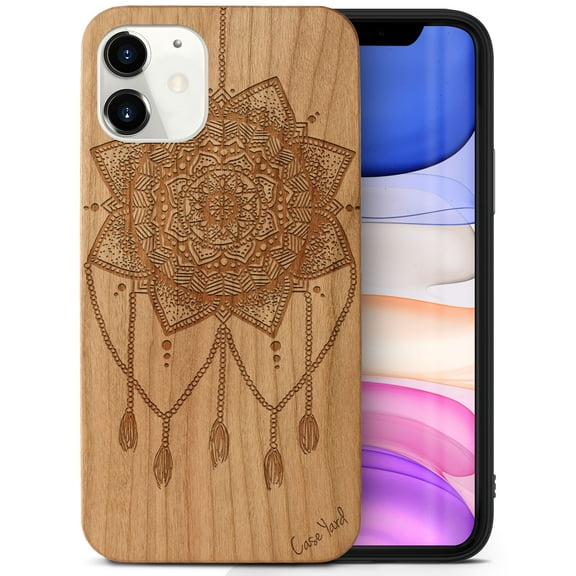 Case Yard Wooden Case Outside Soft TPU Silicone Slim Fit Shockproof Wood Phone Cover for Girls Boys Men and Women Supports Wireless Charging Small Dream Catcher Design case for iPhone-12-Mini