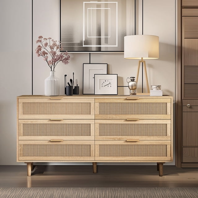 51.18"6-Drawers Rattan Storage Cabinet Rattan Drawer,for Bedroom,Living Room,Natural