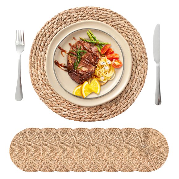 Juego De 8 Manteles Individuales Tejidos Redondos, Cargadores De Ratán Bohemios De 13,5 Pulgadas Para Platos De Cena, Manteles Individuales De Mimbre Rústicos, Manteles Individuales Trenzados De Paja
