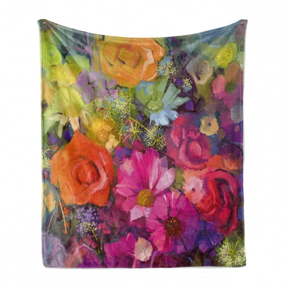 Floral Soft Flannel Fleece Throw Blanket, Vibrant Flower Bouquet with Daisy Peony Gerbera Petals Romantic Arrangement Print, Cozy Plush for Indoor and Outdoor Use, 70" x 90", Multicolor, by Ambesonne