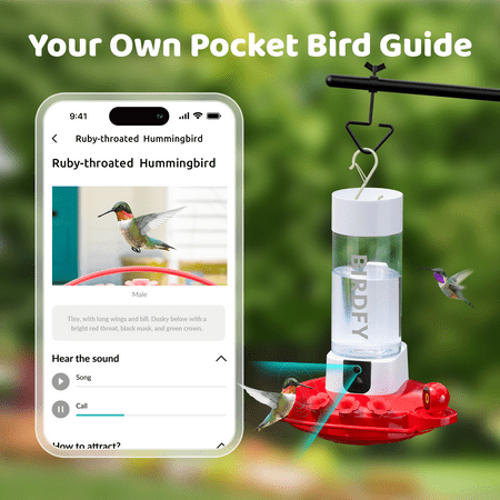 BIRDFY - Smart Hummingbird Feeder, w/Dual HD Cameras, Solar Power, and AI Enabled Bird Recognition - Red and White