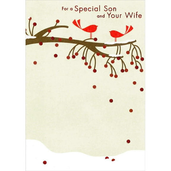 Designer Greetings Two Red Birds and Berries on Snow Covered Tree Branch Son and Wife Christmas Card