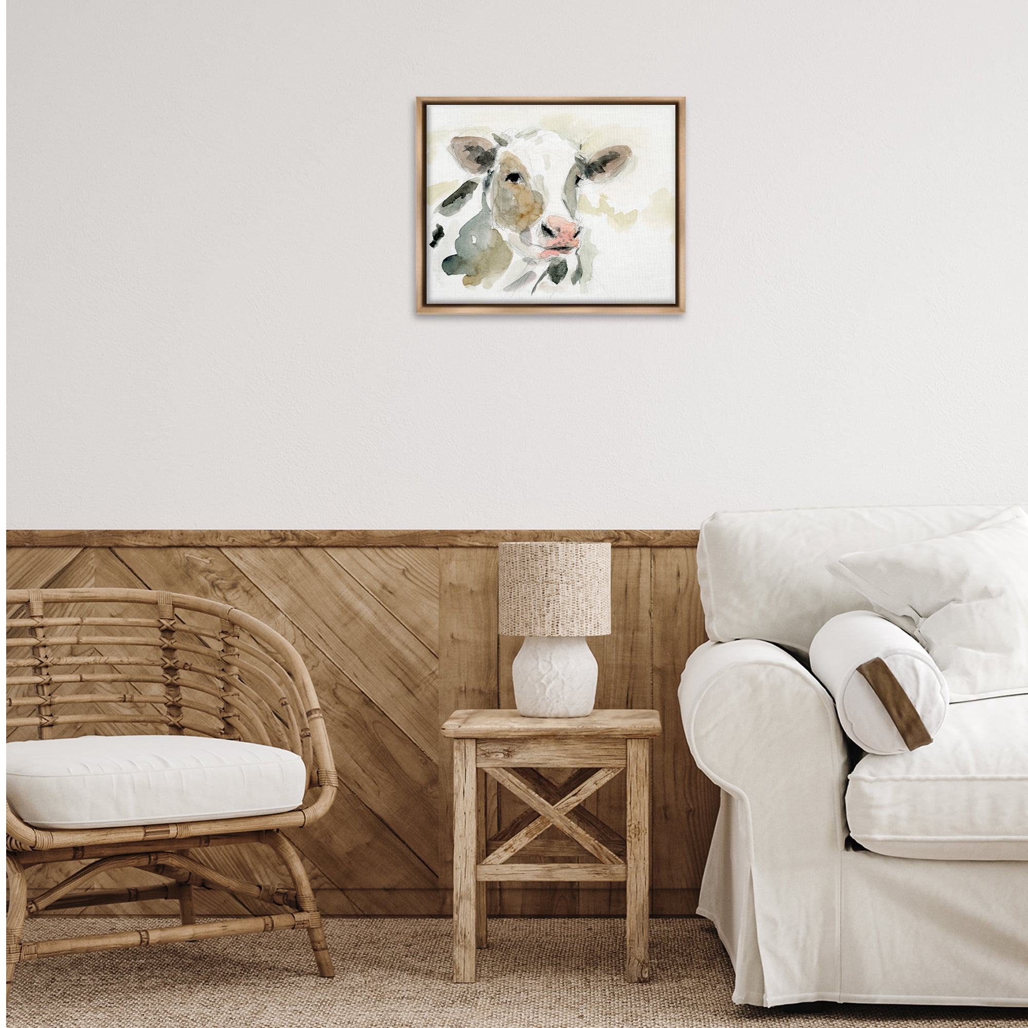 Stupell Industries Soft Watercolor Cow Animals & Insects Painting Brown Floater Framed Canvas Art Print Wall Art, 21 x 17