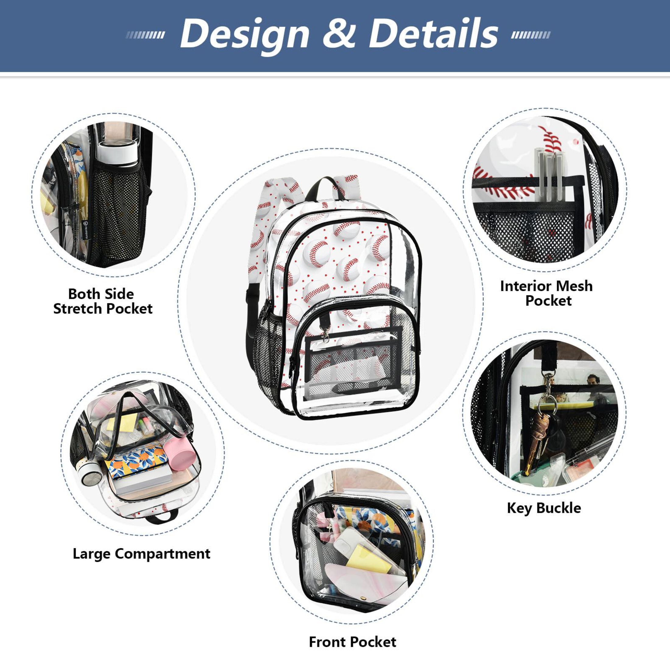 ALAZA Clear Backpack Baseball on White PVC Transparent BookBag