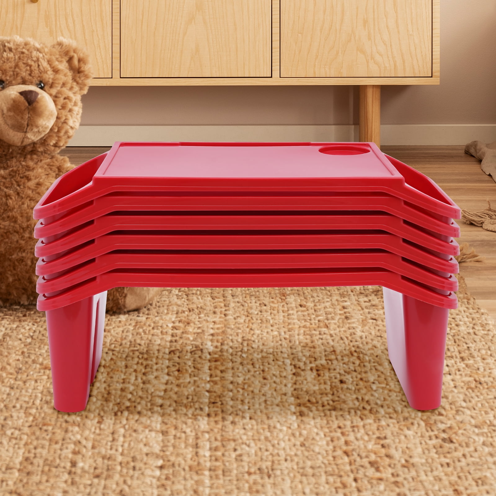 Kids Lap Desk Tray for Ages 1-9, Compact, Stackable, Red, with Storage Compartments for Snacks, Drinks, Phones, and More