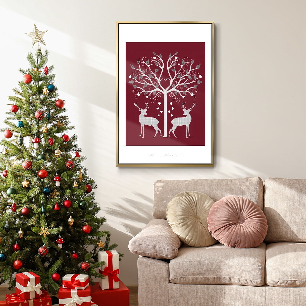 Christmas Des - Deer and Heart Tree, Grey on Red - Framed Gallery Wrapped Holiday Canvas - 17 x 25 - Gold Frame