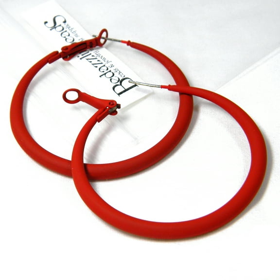 Pair of Bedazzlinbeads Big 2 inch Bright Matte Red Hoop Earrings with 925 Sterling Silver Post & Hinged Lever Back Closure