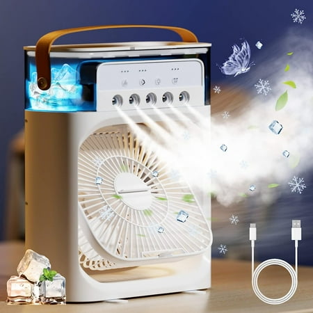 

Portable Air Conditioner USB Personal Evaporative Air Cooler Fan 5 Holes Humidifier 1/2/3H Timer 3 Speeds 3 Spray Modes Misting Fan