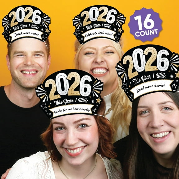 Big Dot of Happiness Hello New Year's Eve Party Headbands, 2026 New Years Resolution Party Hats, New Year Party Favors, 2026 NYE Party Decorations, Black, Gold, Set of 16