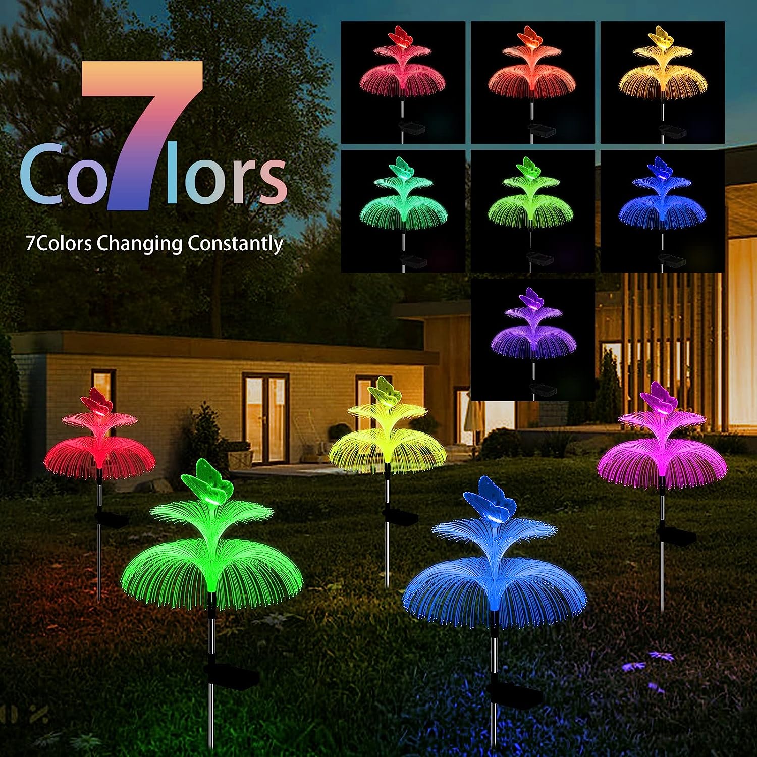 KOMI Solar Garden Lights Outdoor Waterproof 3 Pack Solar Flower Lights Yard Lights 7 Color Changing Double Jellyfish Wing Solar Yard Lights for Garden Decor Yard Decor Outdoor Decor Gifts for Women