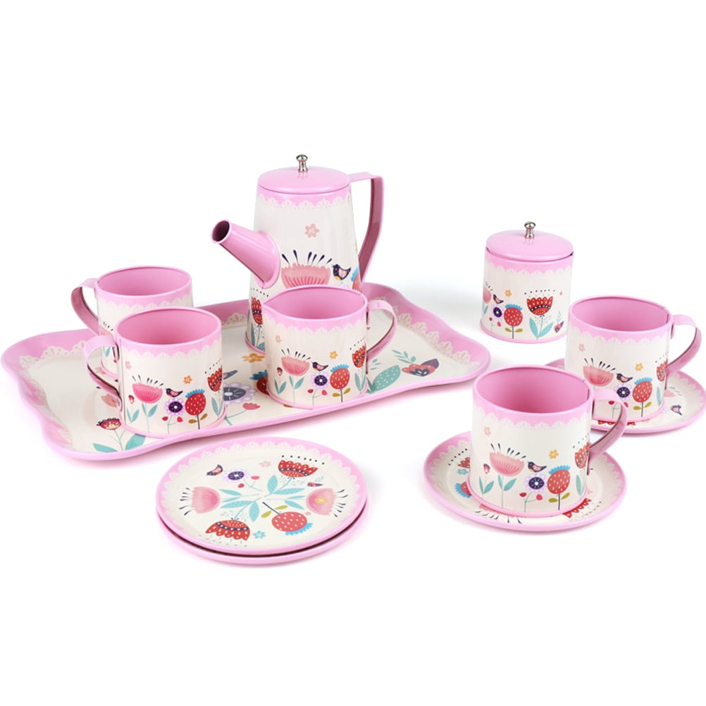 Tea Party Set For Girls Play Kids Teapot Pot Cups Saucers Plates Tin Colorful 