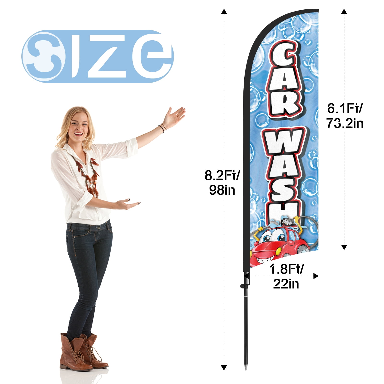 QSUM Car Wash Feather Flag with Flag Pole Kit and Ground Spike, 8.2FT Car Wash Windless Flag Banner Sign Business for Outdoor Advertising Sign Decoration Display