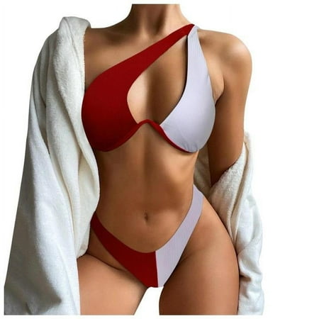 Swimsuits Women Bikini Set Solid One Shoulder Knot Front Push Up High Leg Thong 2 Piece Red Bathing Suits Womens XL