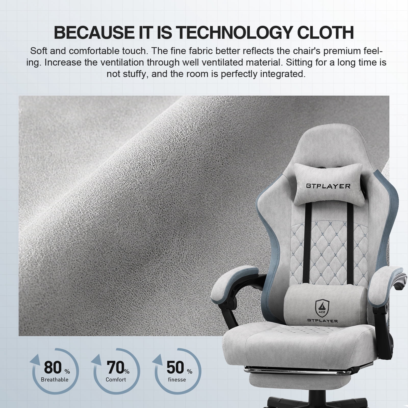 GTPLAYER Ergonomic Pocket Spring Cushion Gaming Chair with Footrest and Linkage Armrests, Gray
