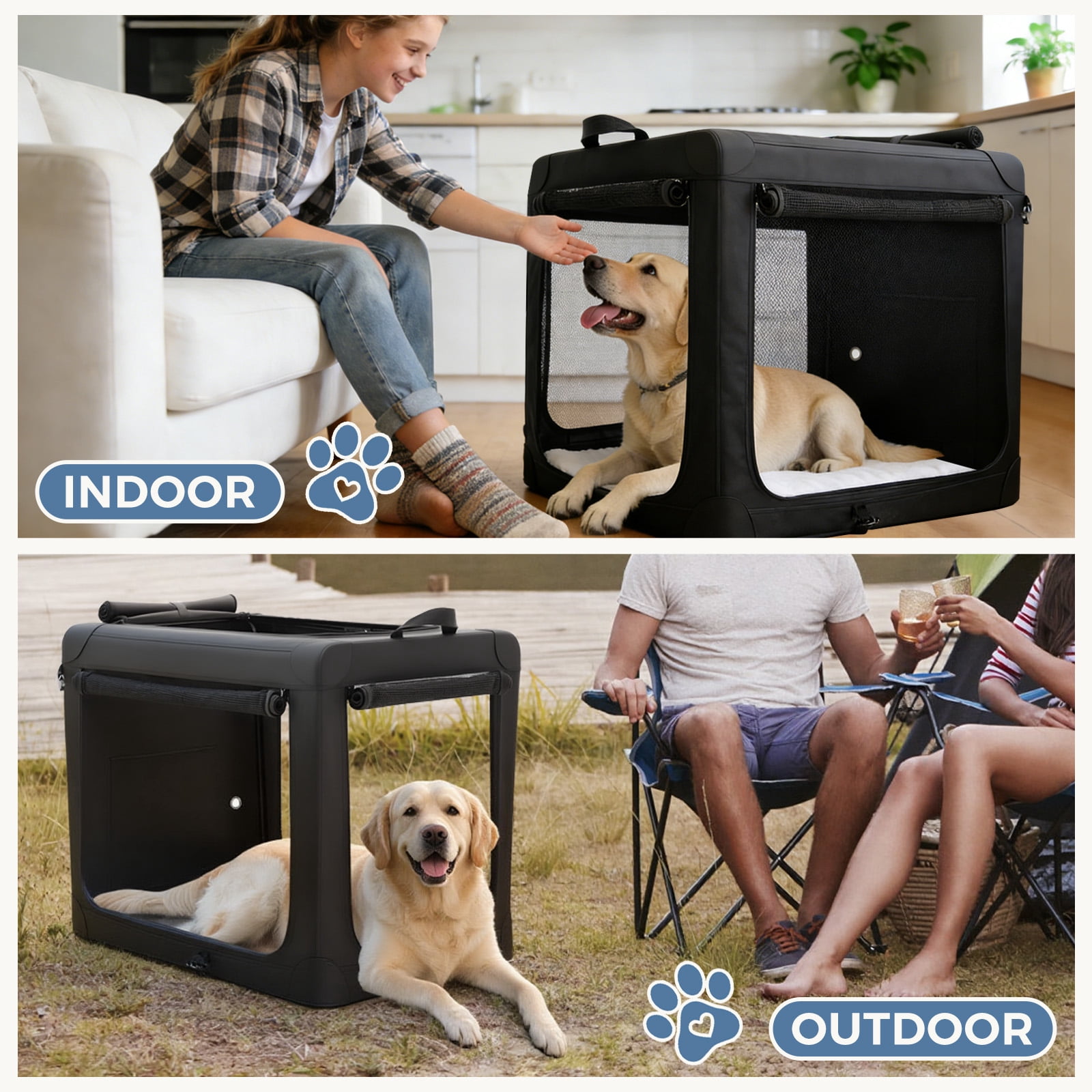 Foldable Soft Dog Crate, 600D Oxford Fabric, Portable Pet Kennel with 3 Doors, Indoor & Outdoor Use for Small to Extra Large Dogs