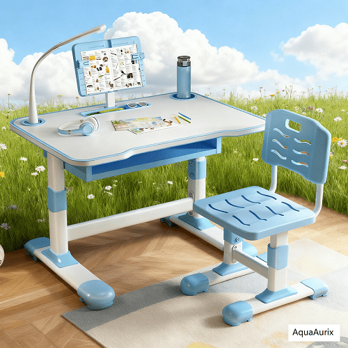 AquaAurix Kids Study Desk Chair Set, Height Adjustable Toddlers Writing Table,Reading Stand LED Table Light, Living Room Bedroom Children Learning Table with Extra Large Drawer Blue