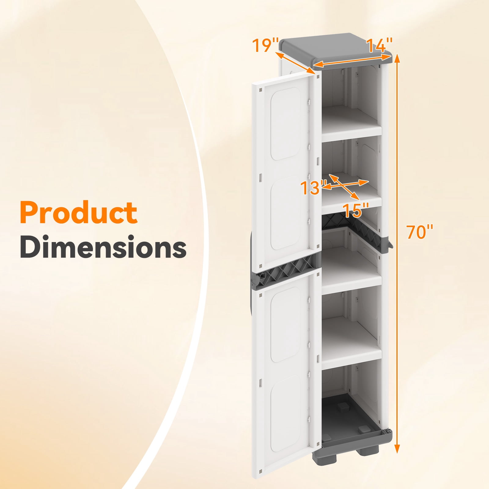 Costway Slim Storage Cabinet with Single Door, Plastic Kitchen Pantry with 4 Shelves Gray and White