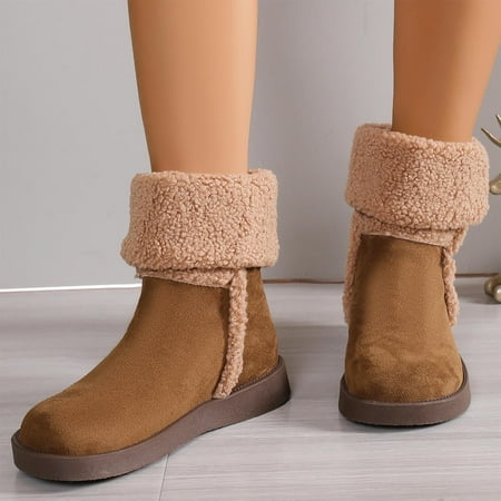 

LRJTENG Women s Mid-Calf Boots Women s Winter Solid Color Suede Mid Calf Boots Warm And Comfortable Snow Boots Khaki