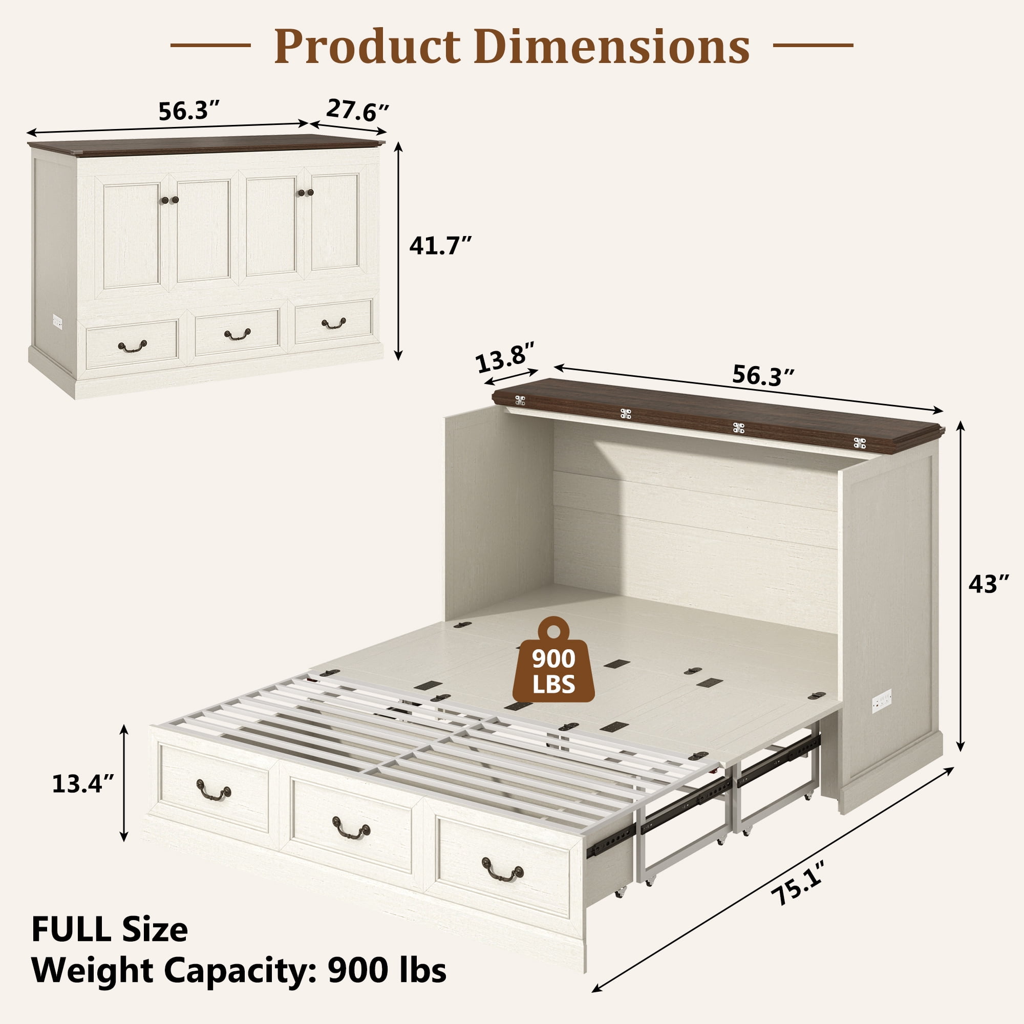 Farmhouse Full Size Murphy Cabinet Bed with Large Drawer and Power Charging Station, Free-Standing Chest Bed for Living Room/Guest Room, No Wall Mounting Required