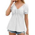 thumbnail image 2 of lmcalzta Womens Short Puff Sleeve Tops 2025 Trendy V Neck Tie Front Loose Fitted Solid Blouses Casual Summer Tees, 2 of 5