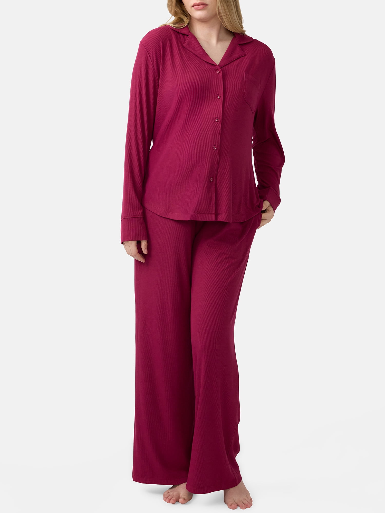 Ingrid & Isabel For Every Belly Women's Maternity Long Sleeve Button Down Shirt & Open Leg Pajama Set, Sizes S-XXXL