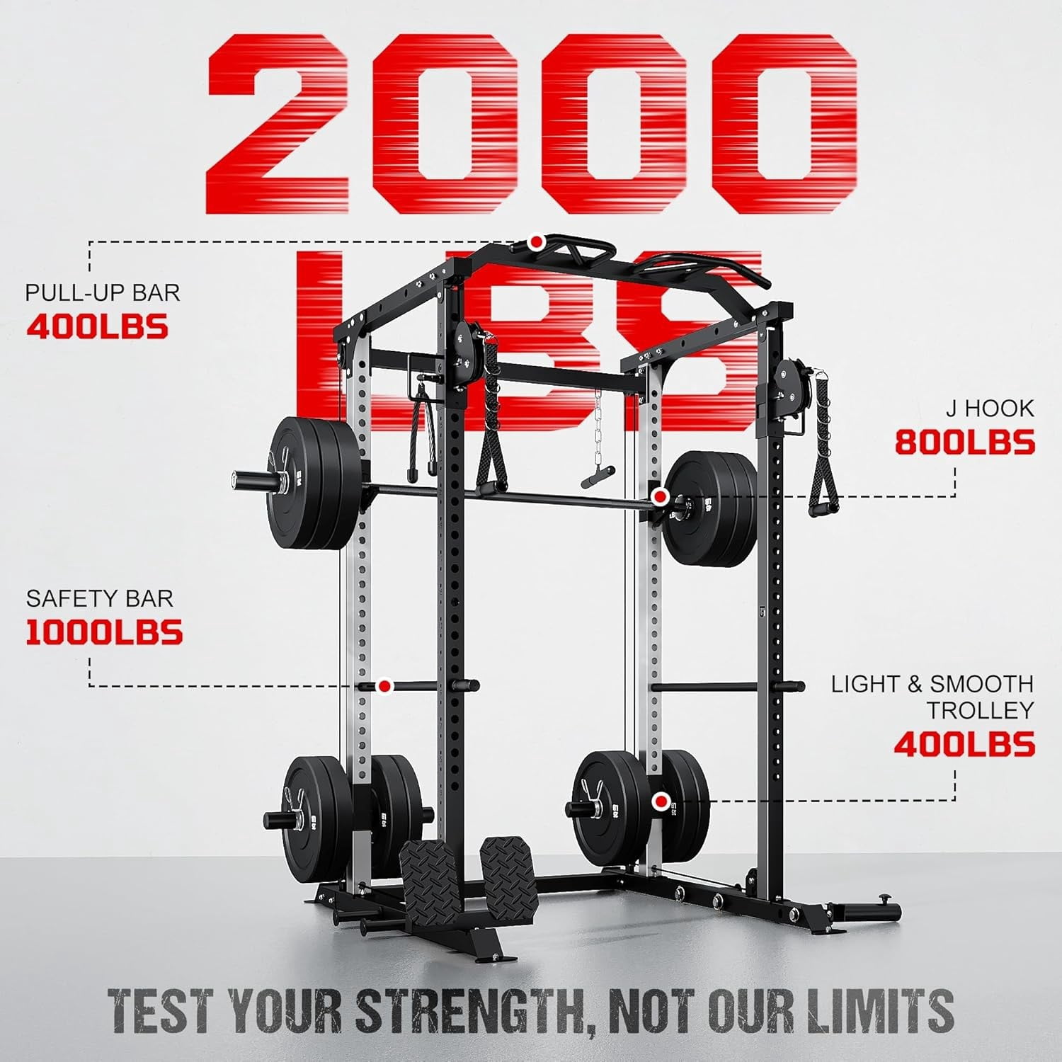 Power Cage, 2000LBS Squat Rack with with Cable Crossover and Dual Independent Pulley System, Full Cage for Full Body Training, Power Rack with More Training Attachments for Home Gym