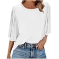 thumbnail image 3 of TaTaai 2026 Spring Summer Solid Color Chiffon Top for Women Round Neck Back Button Pleated Flared Sleeve Five-Quarter Sleeve Casual Blouse Soft Comfy Vacation Gift, 3 of 9