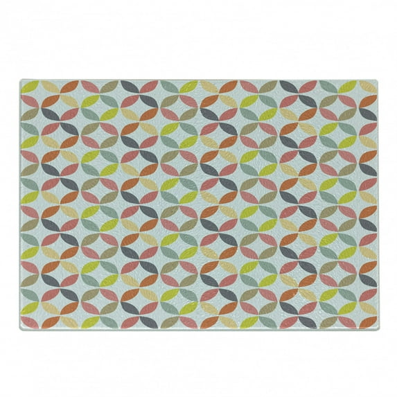 Geometric Circle Cutting Board, Ornamental Vintage Design Connected Arcs Intersecting Centre Discs Design, Decorative Tempered Glass Cutting and Serving Board, Small Size, Multicolor, by Ambesonne
