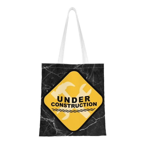 DouZhe Reusable Grocery Bags, Under Construction Warning Lightweight Polyester Canvas Cloth Tote Bag for Travle Gym Shopping School, 15" x 16"